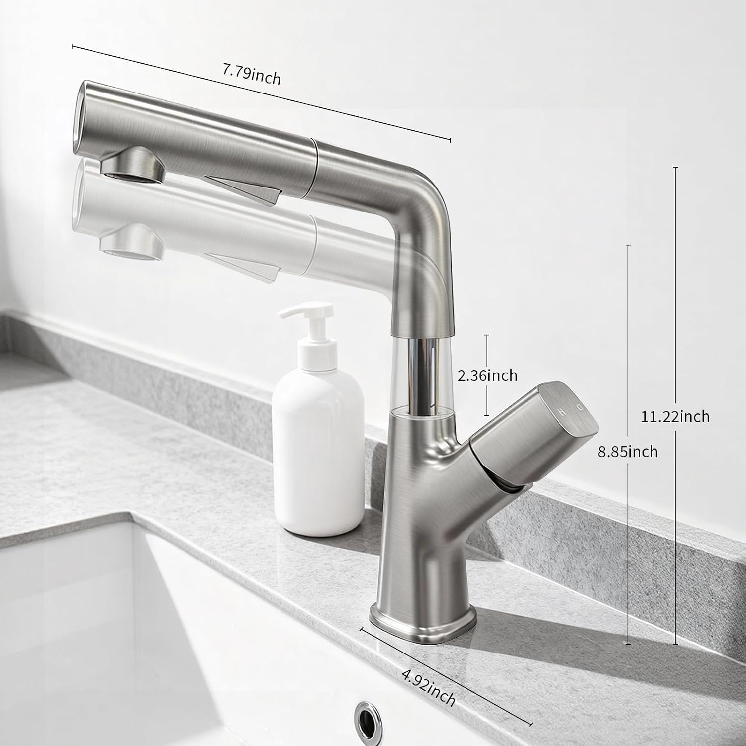 Faucet for Bathroom Sink with Pull Down Sprayer, Brushed Nickel Bathroom Faucet 1 Hole for Sink Vanity Kitchen RV
