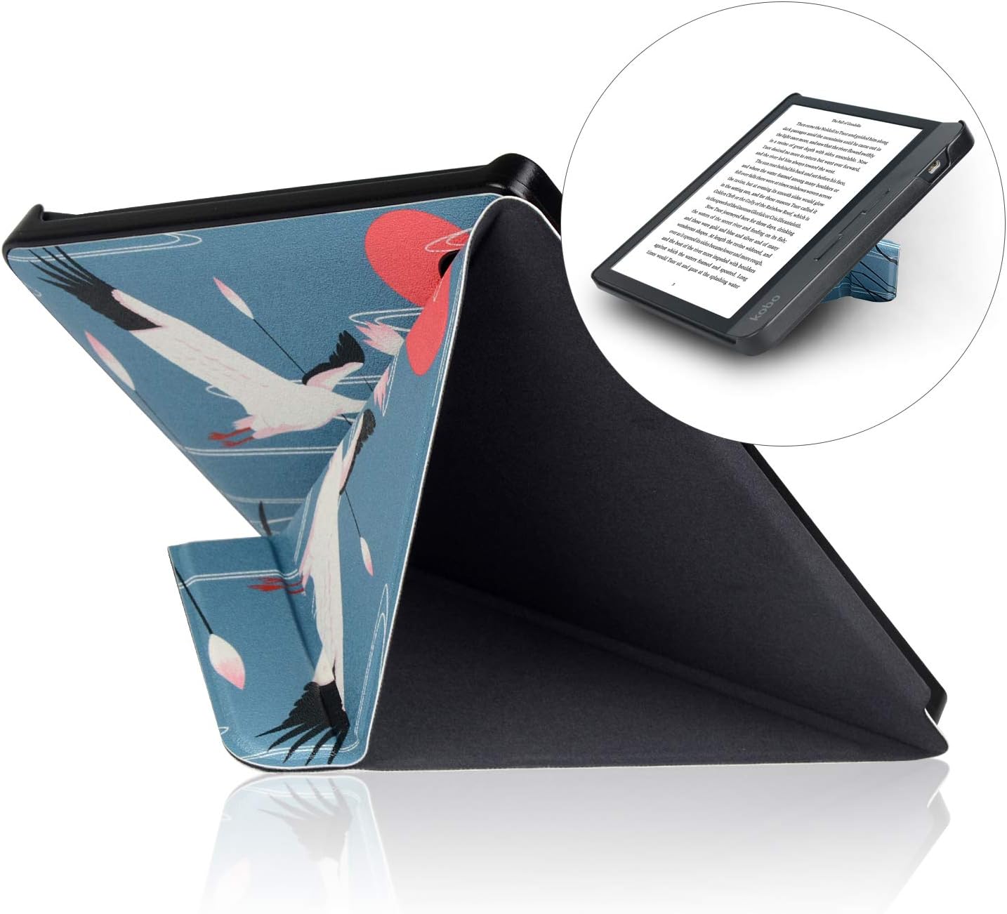 CoBak Kobo Libra Case with Stand - Libra H2O Origami Protective PU Leather Smart Cover with Auto Sleep Wake Feature for New Kobo Libra H2O 2019 Released,Crane