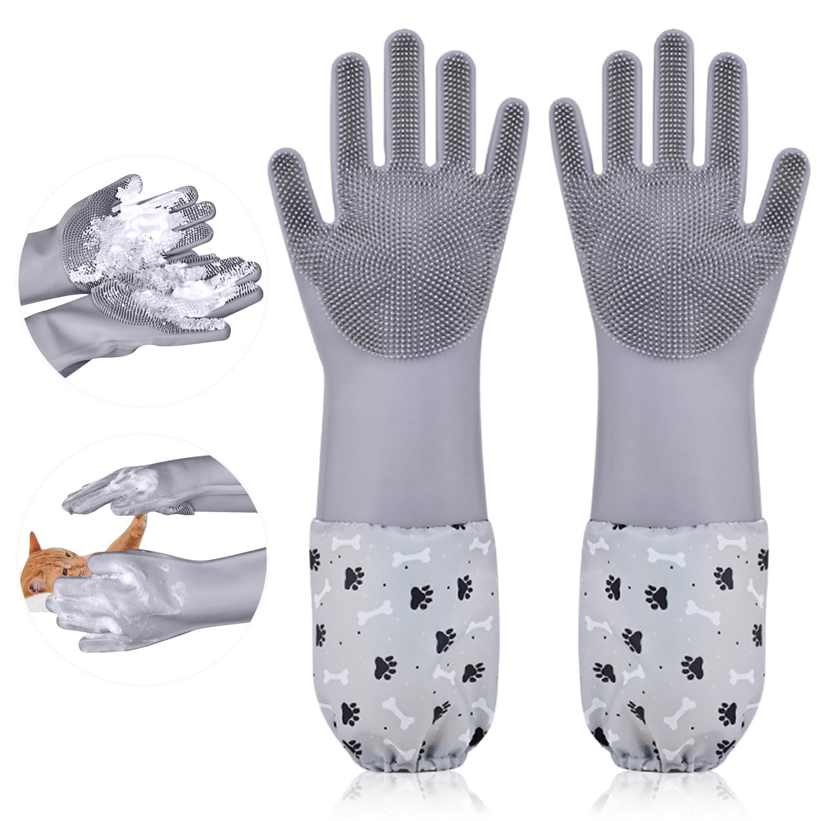 Risipu Extra Long Cat Grooming Glove, Non-Slip Dog Washing Gloves, Thickened Silicone Material Pet Grooming Gloves (grey-Long gloves)