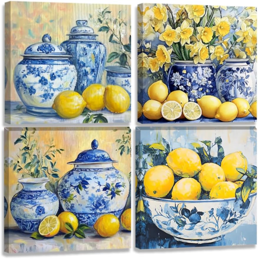 CCWORKERRY Lemon Wall Art Kitchen Pictures 4 PCS Yellow Citrus Fruit Canvas Prints Blue Pottery Paintings Dining Room Wall Decor Framed(Blue,12" x 12"x4P)