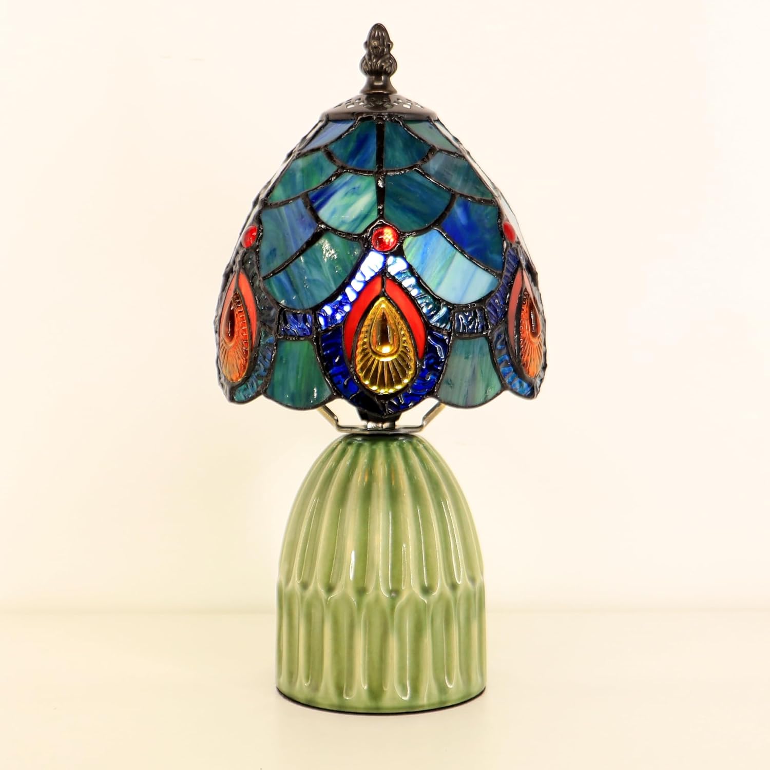 Tiffany Lamp Stained Glass Mushroom Table Lamps 6X6X12.5 Inch Sea Blue Peacock Tail Style Small Night Light Ceramic Base Mini Accent Desk Light Suitable for Bedside Table Bedroom Children Room