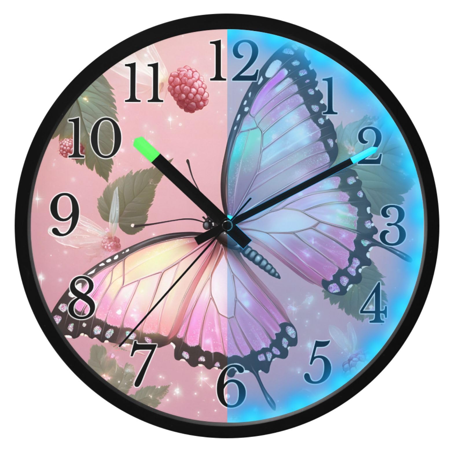 Mnsruu Reloj de pared luminoso con mariposas rosas, reloj de dormitorio, funciona con pilas, silencioso, brilla en la oscuridad, para sala de estar, cocina, 12 pulgadas