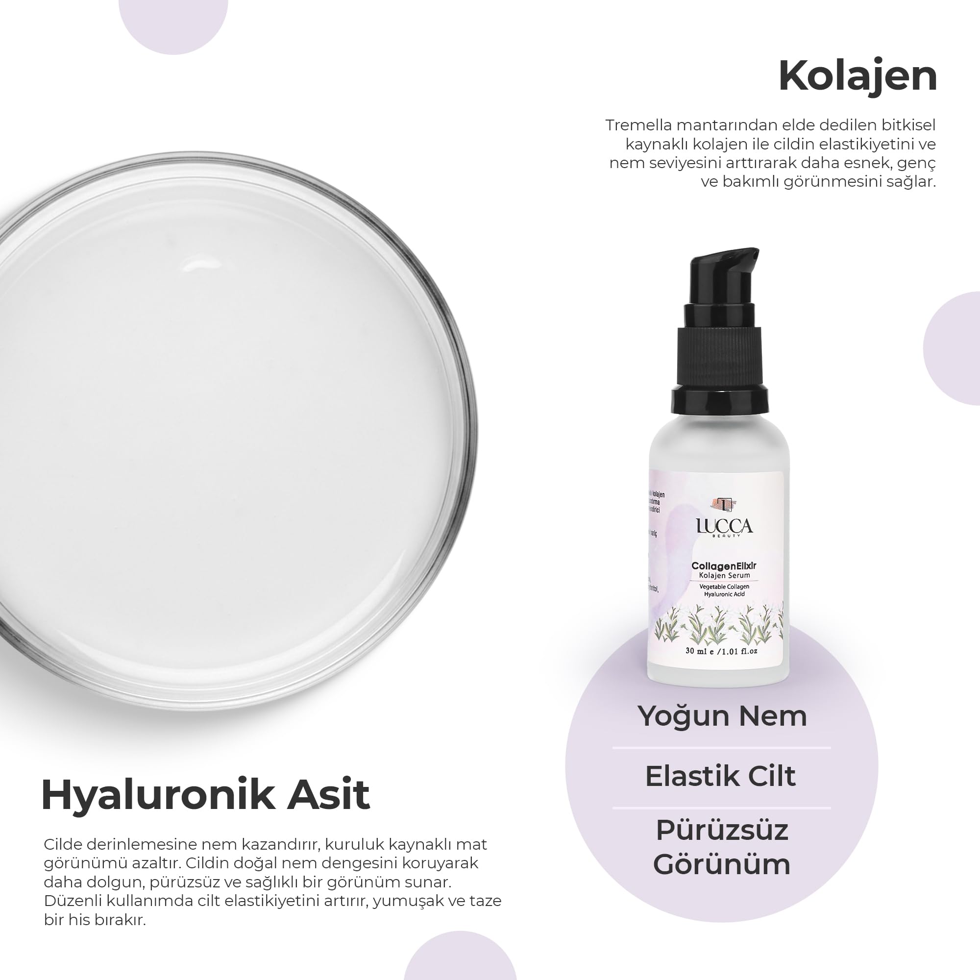 Lucca Beauty CollagenElixir Kolajen Serumu 30 ml – Vegan, Bitkisel Kolajen, Hyaluronik Asit ve Sodyum PCA İçerikli Nemlendirici Yüz Serumu