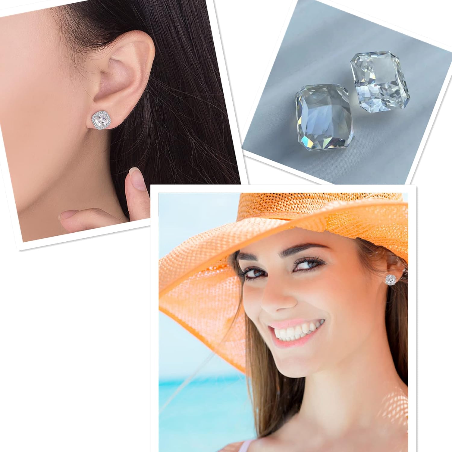 VONSSY Hypoallergenic Gemstone Stud Earrings, Brilliant Cubic Zirconia Crystal Earrings, 925 Silver Posts Nickel Free, Created Diamond Square Earrings Jewelry Gift for Women Wife Mother Daughter - Image 4