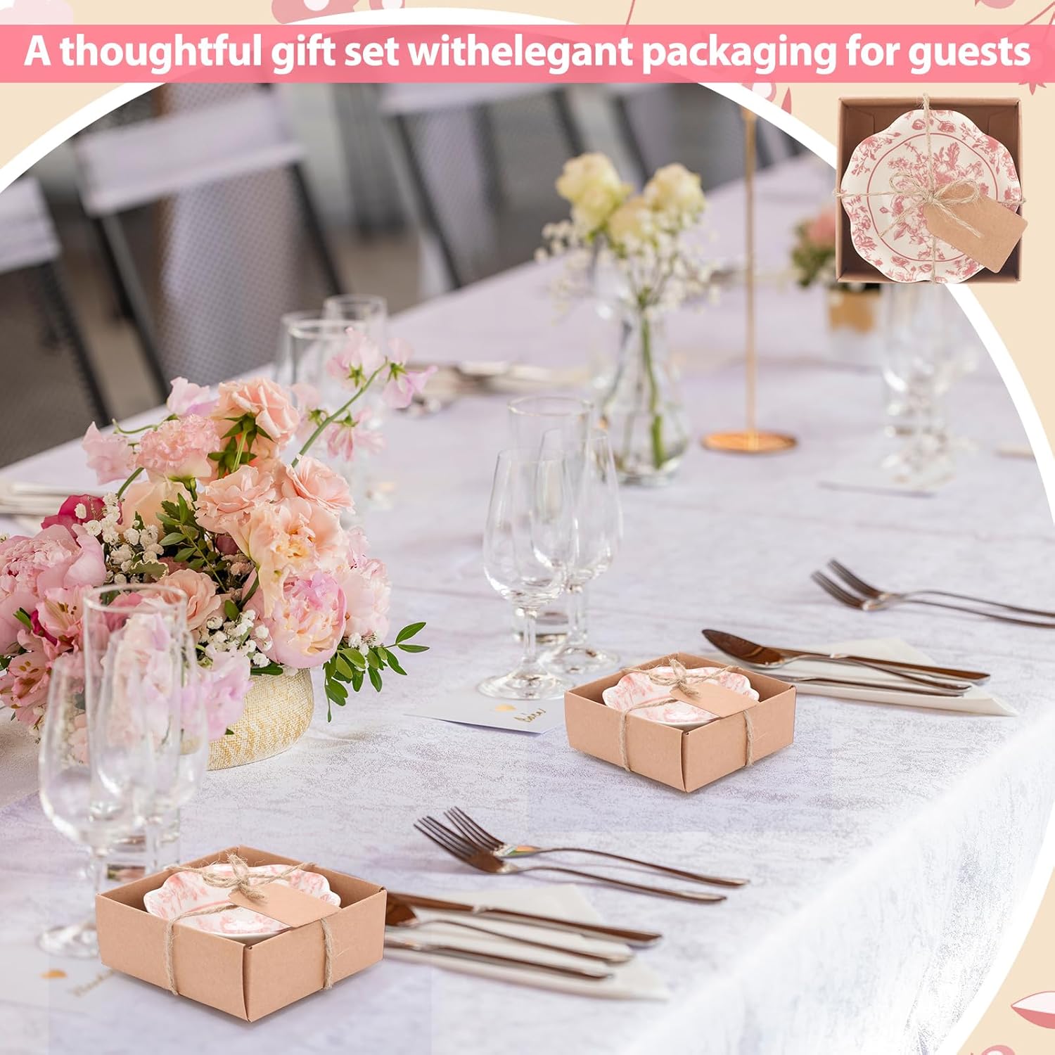 SiliFine 24 Pcs Wedding Favors for Guests Small Ceramic Bowl Bulk Gifts Set 3.3 Inch Floral Design Mini Dipping Sauce Dish with Card Box for Bridal Pooja Baby Shower Birthday (Flower,Pink)