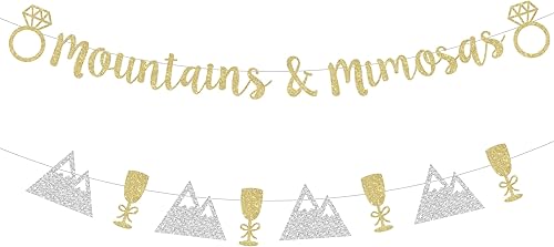 Sursurprise Decoraciones de despedida de soltera de montaña, guirnalda de pancartas de montañas doradas y mimosas, cabaña, camping, glamping,