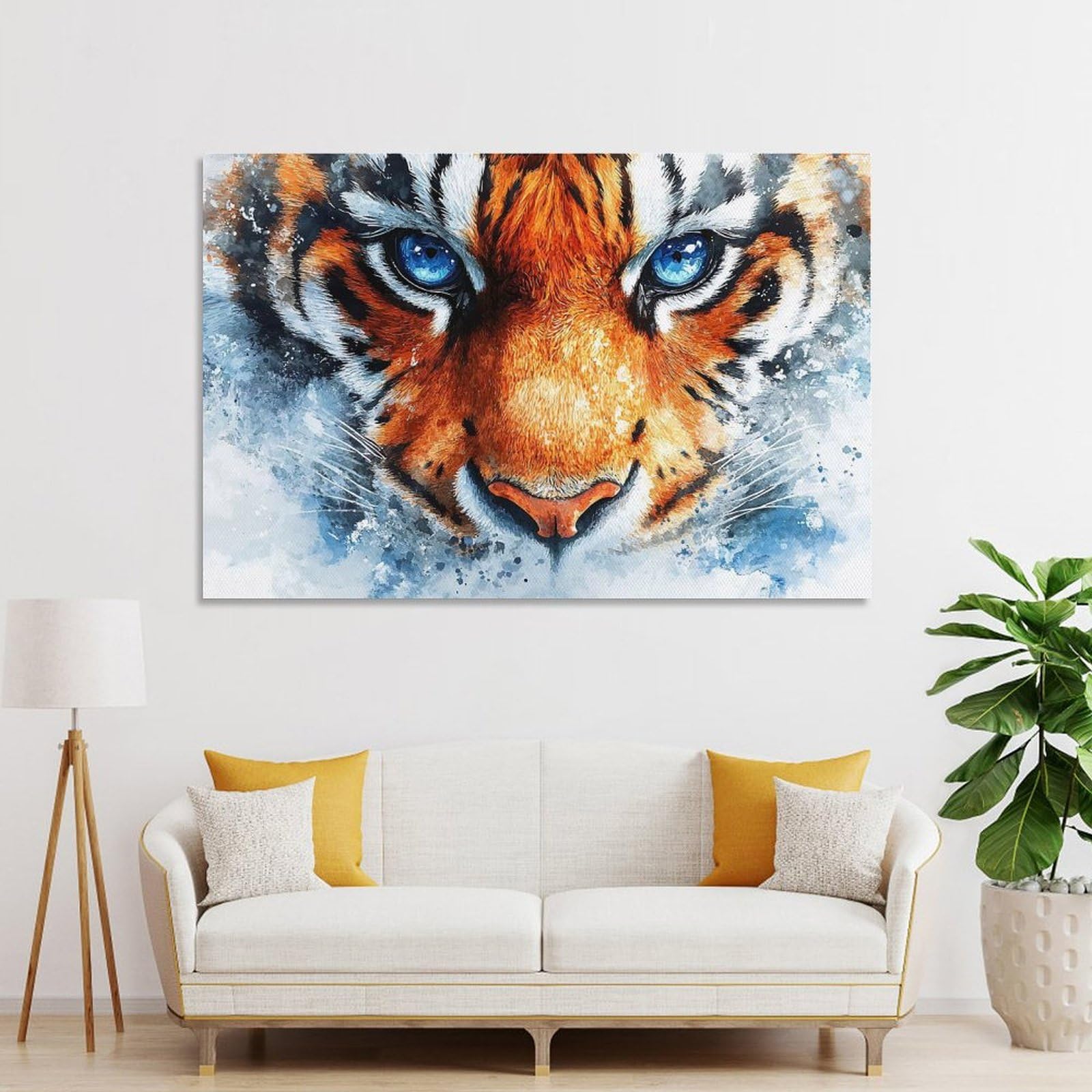 Junmoney Watercolor Tiger Portrait with Blue Eyes Wall Art Print, 24x36inch(60x90cm), for Living Room, Bedroom, Office Or Hallway, Canvas Wall Art That Fits Changing Layouts