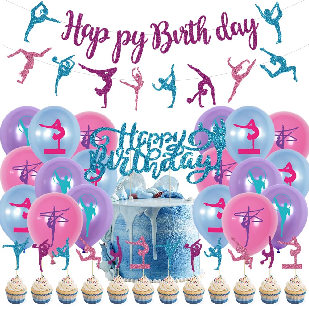 Lilwemen Turnen Geburtstag Partydeko – Inkl. Banner, Geschirr, Tischdecke, Luftballons Für Gymnastik-Party