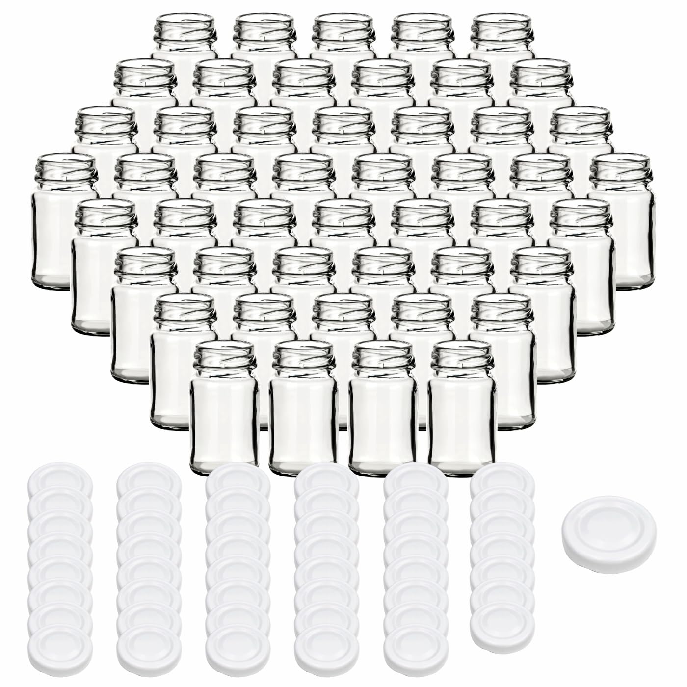 gouveo Lot de 48 pots de conservation 65 ml Mini avec couvercle à vis blanc - Petits pots à vis avec couvercles twist-off - Pots ronds pour confitures, épices