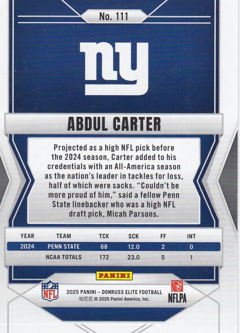 Football Trading Card 2025 Donruss Elite Black #111 Abdul Carter EX/NM RC Rookie 10/25 NY Giants
