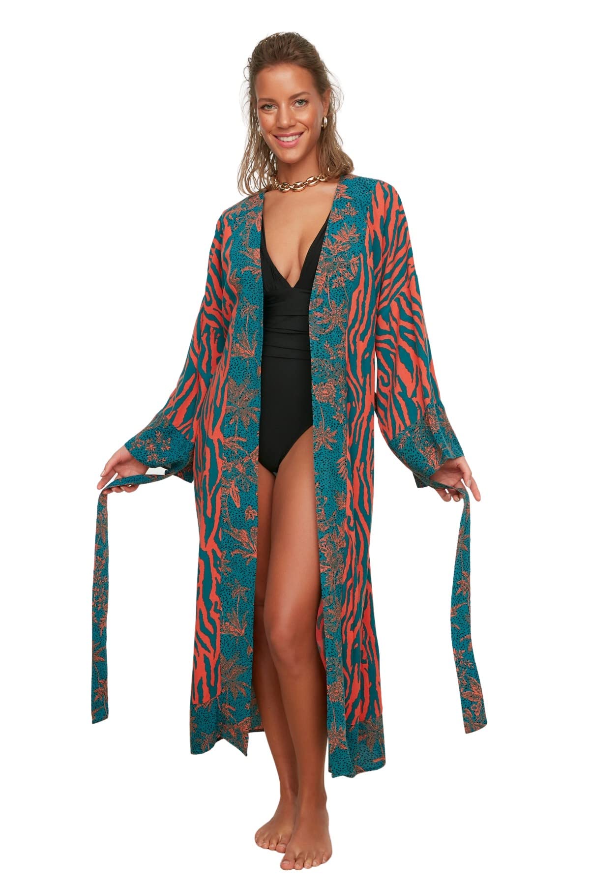 Trendyol Mujer Kimonos y Caftanes Tejidos con Cuello en V, Colorido, XL