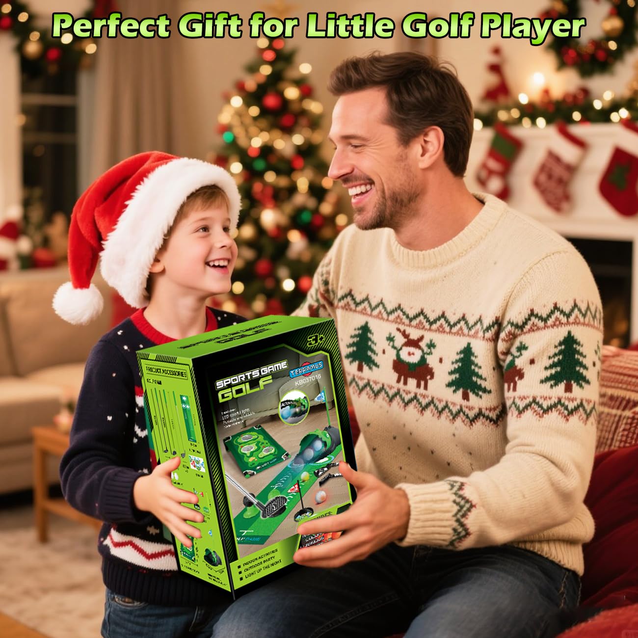 TERRAMUS 3-in-1 Kinder Golfset mit Dinosaurier Automatischem Ballrückgeber, Golf Cornhole-Brett, LED-Leuchtbällen,Putting-Matte,Mini Golf für 3-8 Jahre,Indoor Golfspielzeug Geschenk für Jungen Mädchen