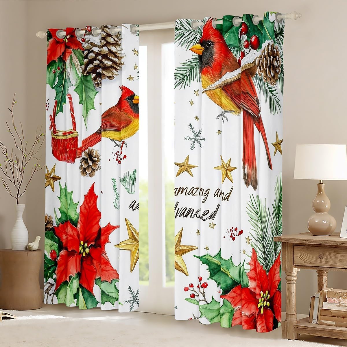 Feelyou Christmas Birds Blackout Curtains, Red Birds Darkening Drapes for Bedroom for Kids Boys Girls Winter Window Curtains Wildlife Living Room Window Treatments (2 Panels, 42 x 63 Inch)