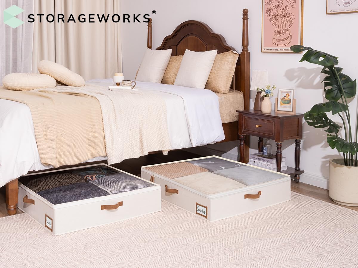 StorageWorks Opbergdozen met deksel, brede dozen voor planken, decoratieve stoffen manden met handgrepen voor het opbergen van kleding, mix van beige, wit en ivoor, 2 stuks