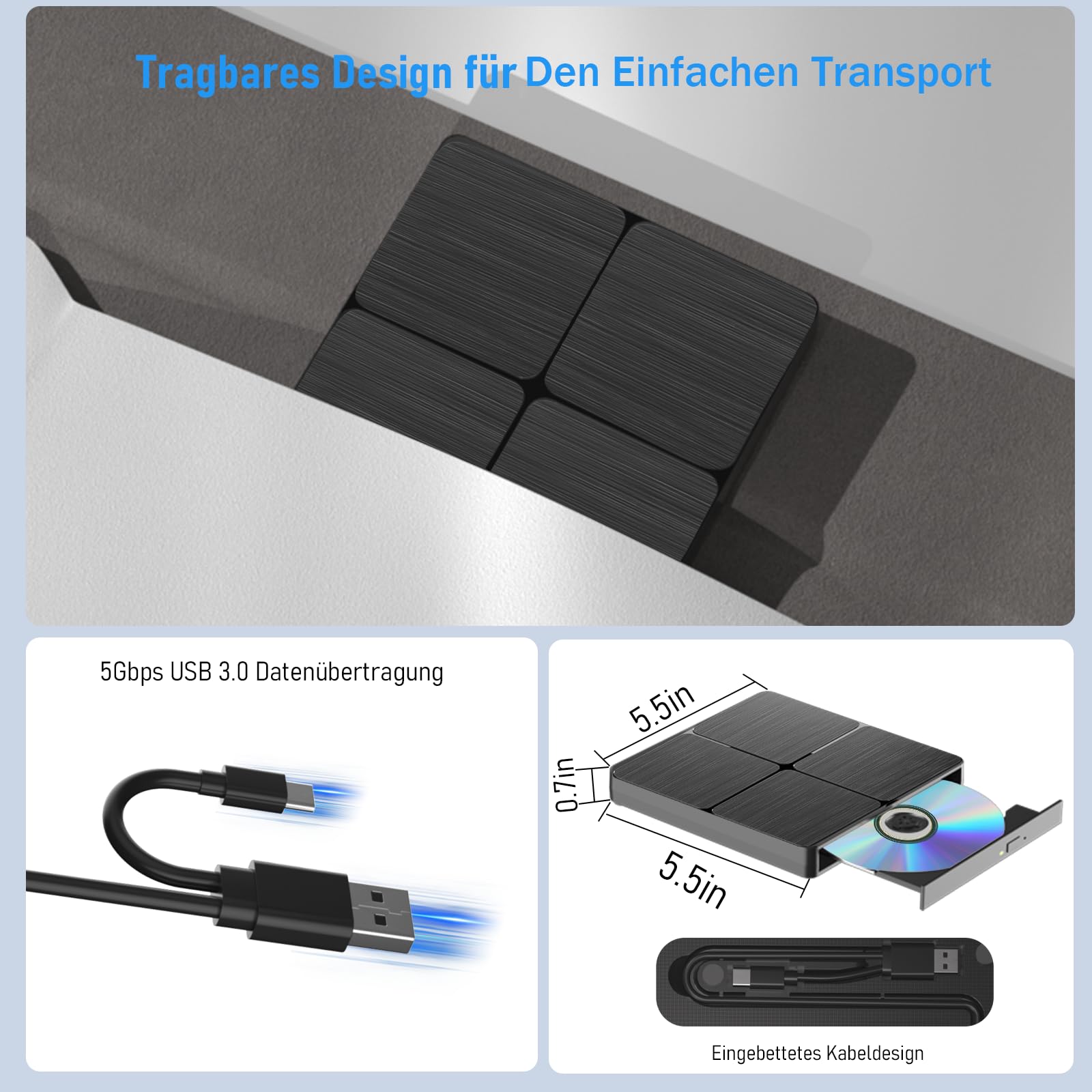 Yaeonku Externes Blu Ray CD DVD Laufwerk, USB 3.0 Typ-C 3D Bluray CD DVD BD Brenner Player Schlankes Bluray DVD Laufwerk für MacBook Laptop Desktop PC Laptop Kompatibel mit Mac OS Windows XP/7/8/10/11