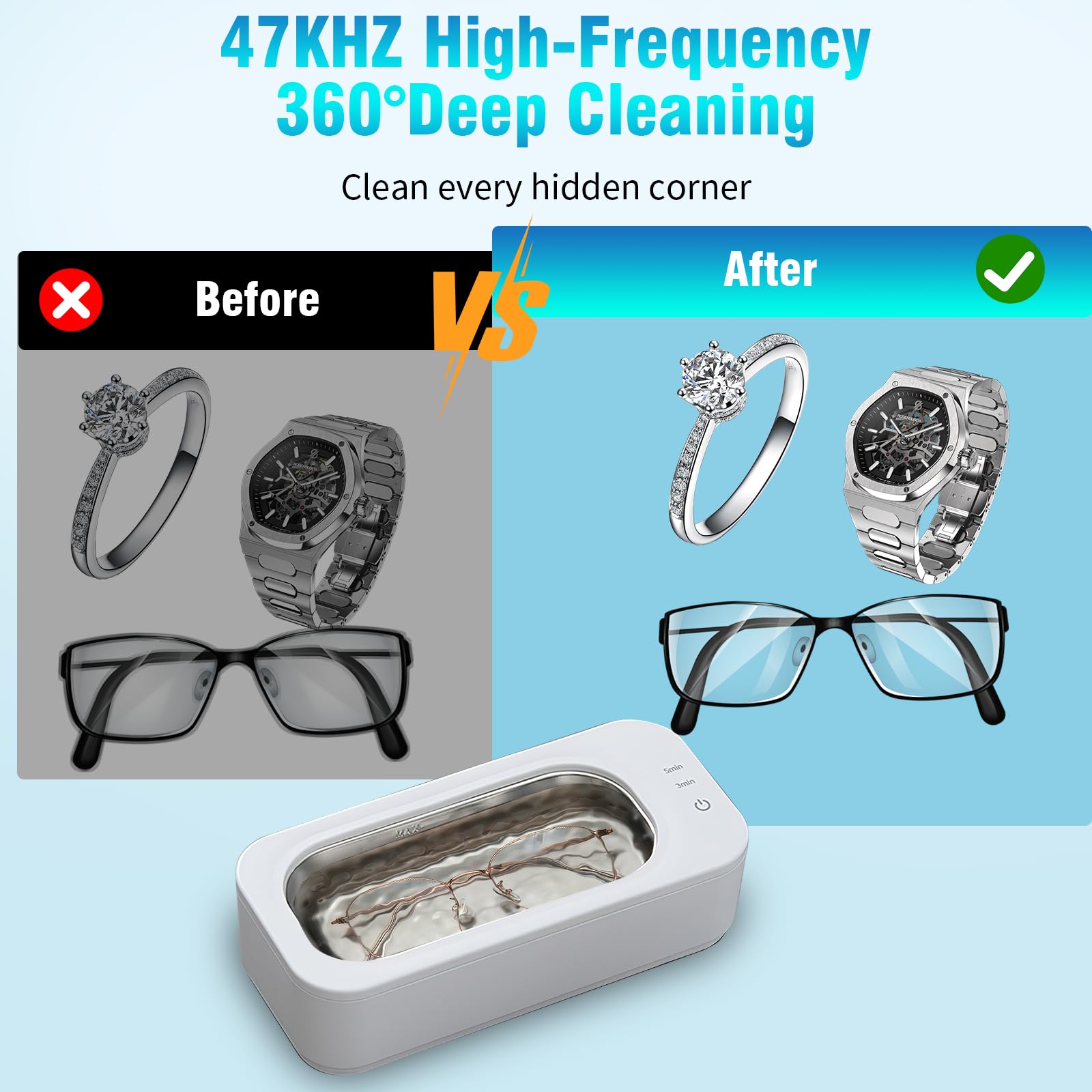 Ultrasone reiniger 47000 Hz, 350 ml, ultrasone reiniger voor het reinigen van brillen, tandprothesen, sieraden, ringen, munten, halsketting