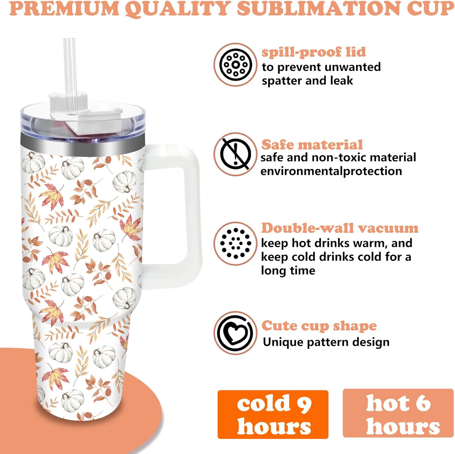 Fall Tumbler with Straw and Lid White Pumpkin Leaves Stainless Steel Travel Coffee Tumbler Cup with Handle for Autumn Thanksgiving Party Home Office Supplies - Image 4