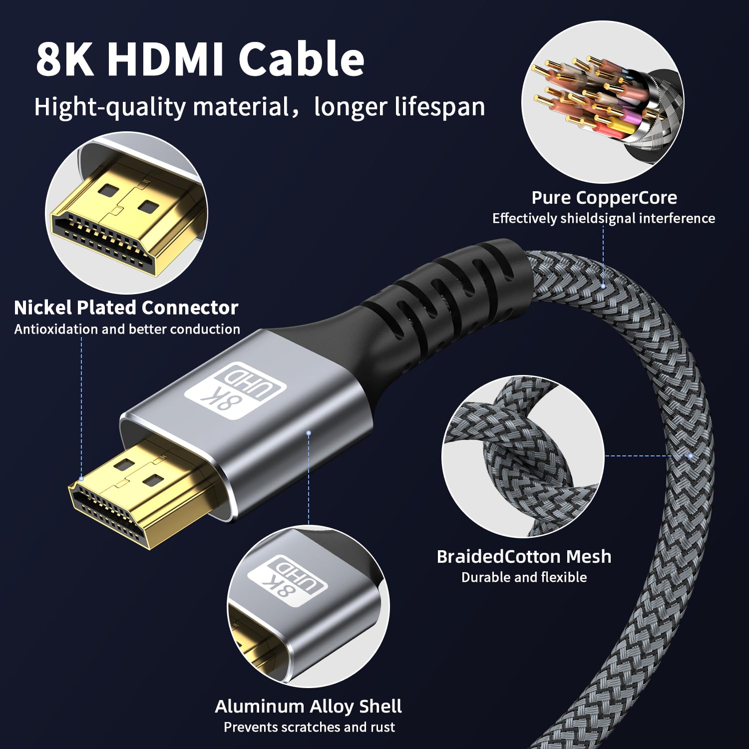 Cable HDMI 8k 7 m Ultra High Speed HDMI 2.1 Cable 8K @ 60HZ 4K @ 120HZ 48Gbps HDMI Cable para HDTV, PS4, PS5, Monitor Portátil, Xbox, HDCP 2.2 y 2.3, compatible con HDR, eARC, Ethernet, Dolby