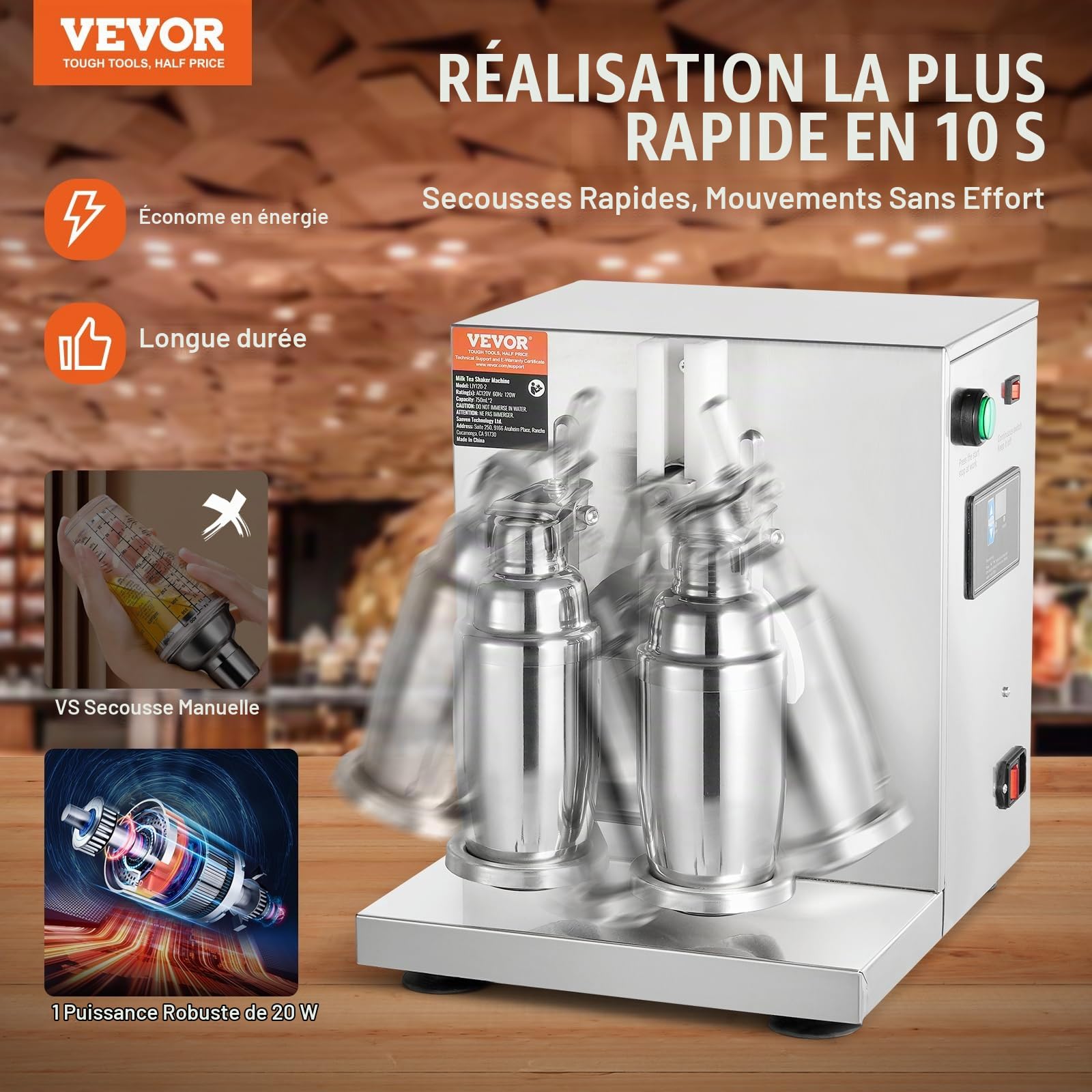 VEVOR Batteur Mixeur à Milkshake Commercial, Appareil à Thé au Lait Électrique 120 W, Mélangeur à Boissons Double Tête, Réglable 0-180 s, avec Tasse Inox 750 mL, pour Magasin de Thé au Lait Bar Café