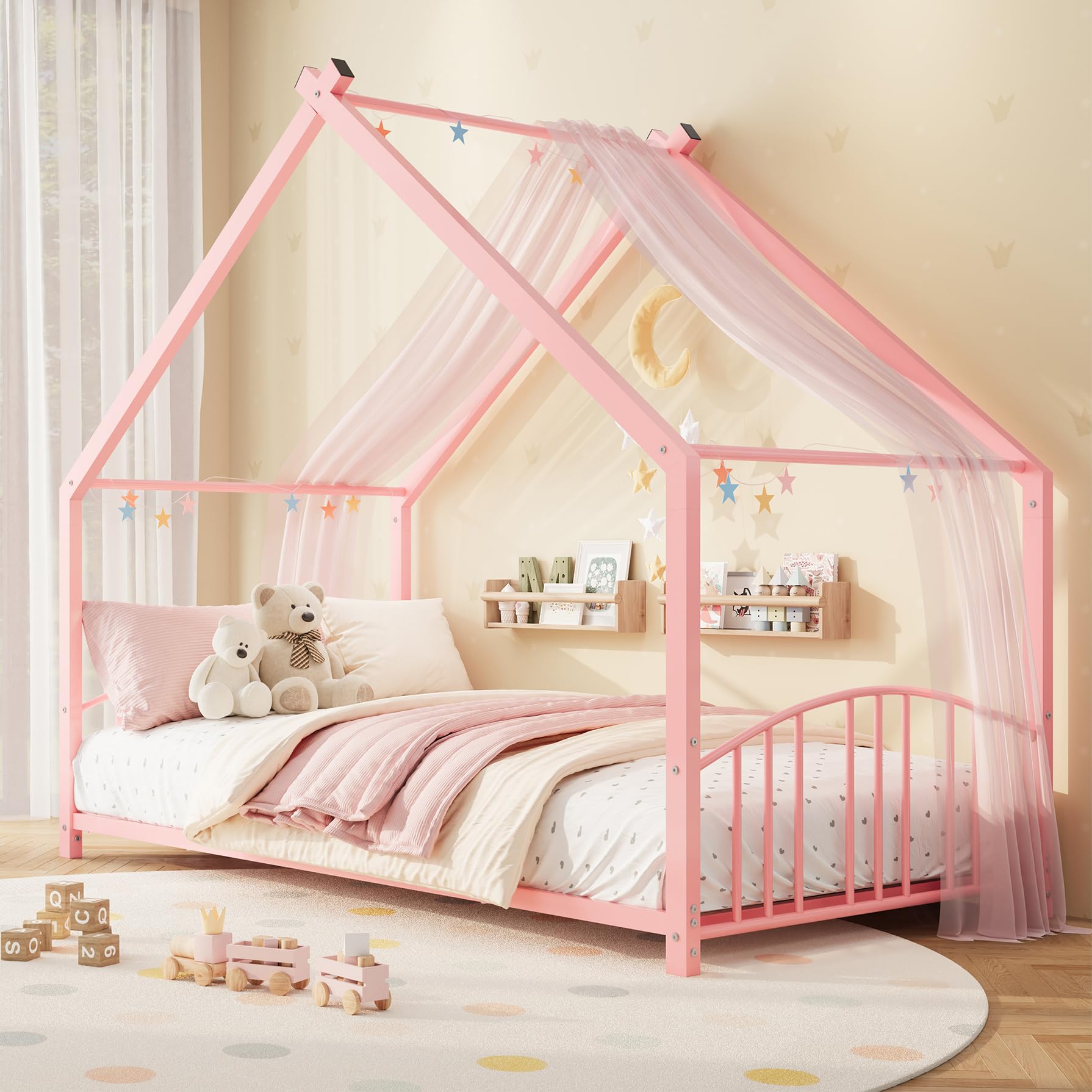 Garvee Twin Size Metal House Bed Frame for Kids, Pink