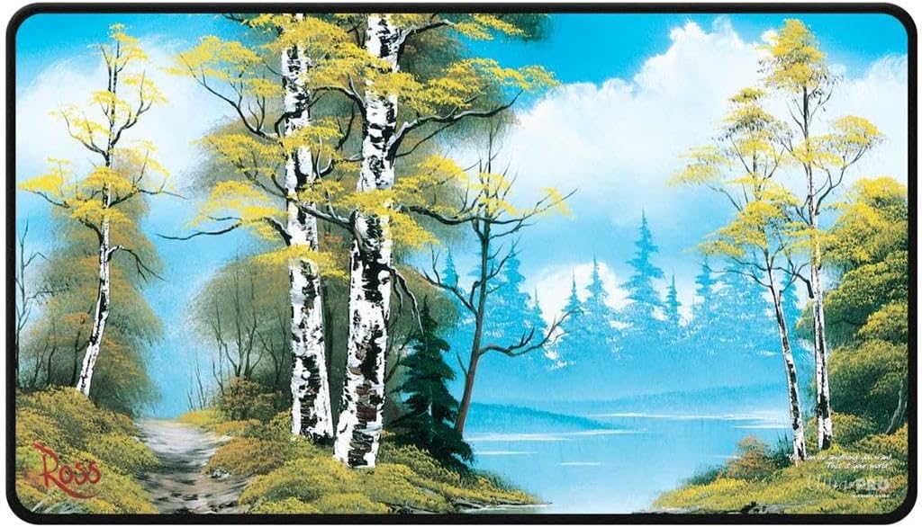 Ultra PRO - Bob Ross Lakeside Path Black Stitched Playmat, Premium Playmat, Stitched Edge, Gaming Accessory, Lakeside Art, Tabletop Accessory, Gaming Setup