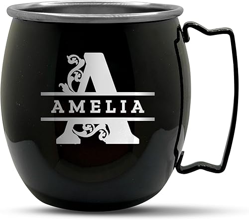 Taza negra personalizada personalizada con acabado liso Moscow Mule con mango de latón, taza estilo barra grabada con monograma, 18 onzas, individual