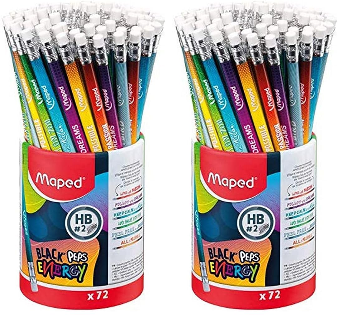 Maped – 72 Crayons Graphite Black’Peps Energy HB Embout Gomme – Crayons à Papier avec Messages Inspirants - Pot de 72 Crayons à Papier Fantaisie (Lot de 2)