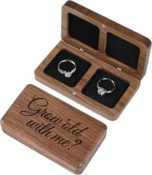 Wedding Ring Bearer Box Engagement Ceremony Slim 2 Rings Case | Engrave"Grow old with me?",Flat Square Walnut Wood Double Ring Carrier Holder for 2 Rings Proposal Jewelry Storage