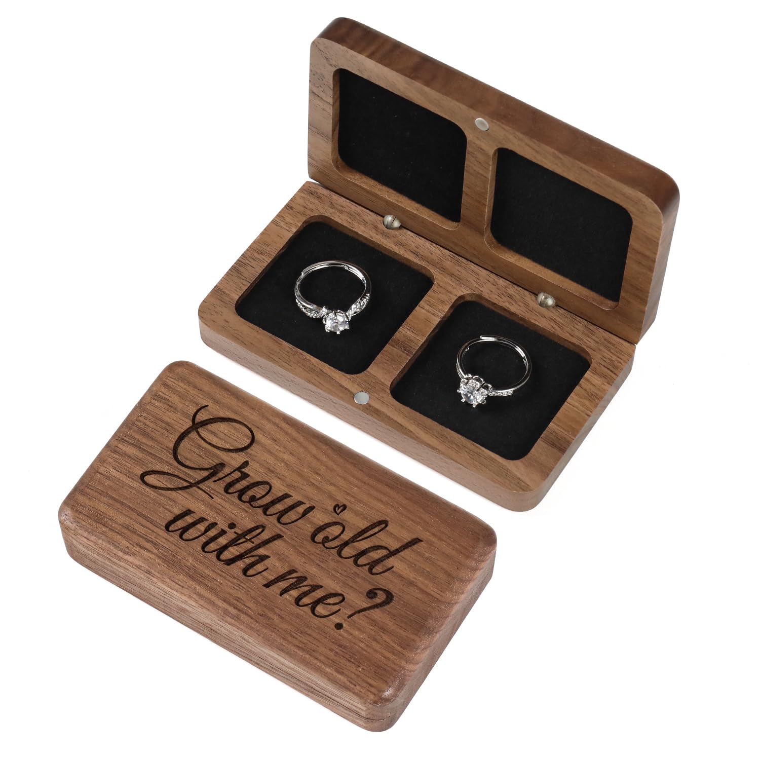 Boîte à bagues en bois pour mariage champêtre gravée "Grow old with me"