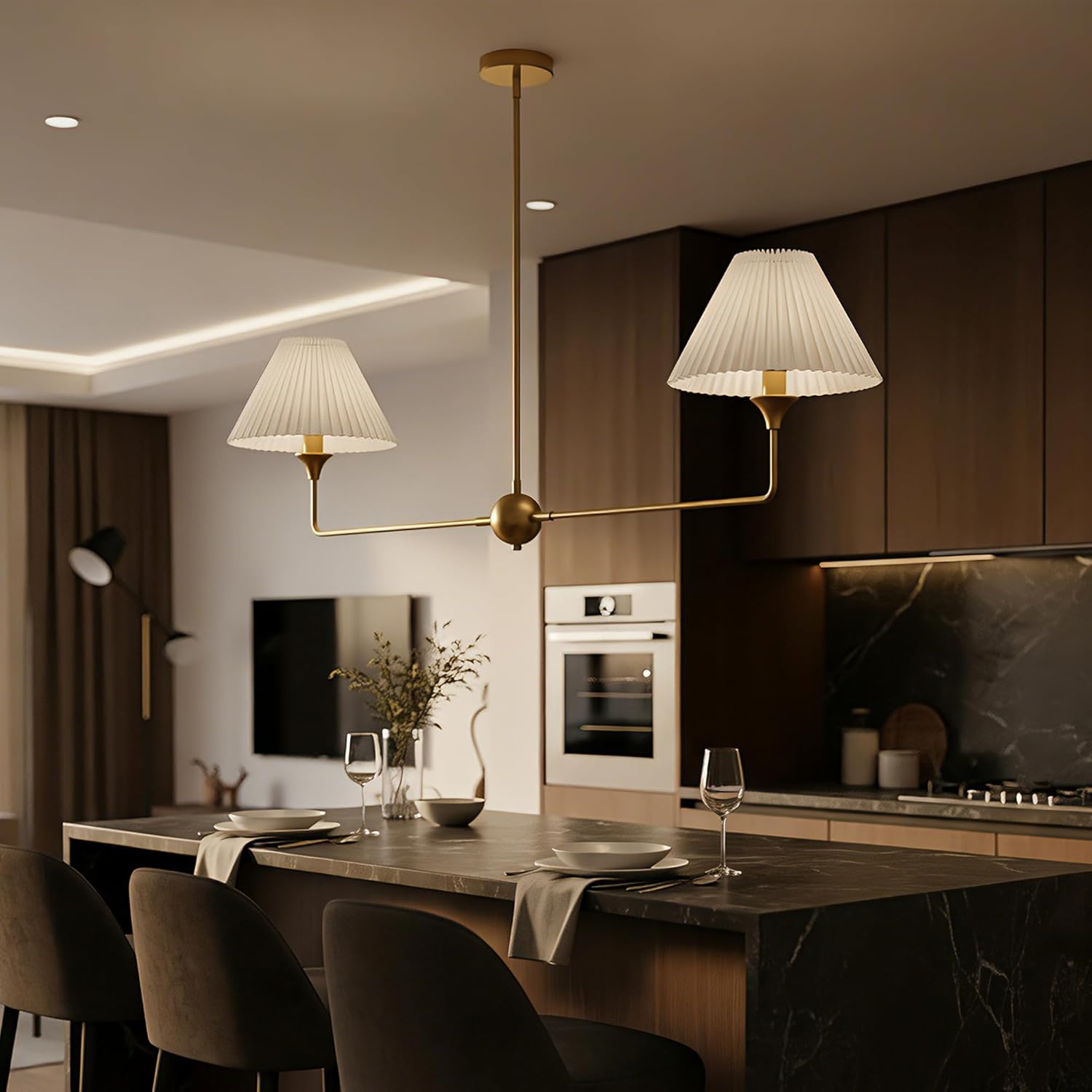 Modern Gold Linear Chandelier, 2-Light Classic Linear Kitchen Island Lighting with White Pleated Fabric Shade, Height Adjustable Hanging Fixtures for Dining Room