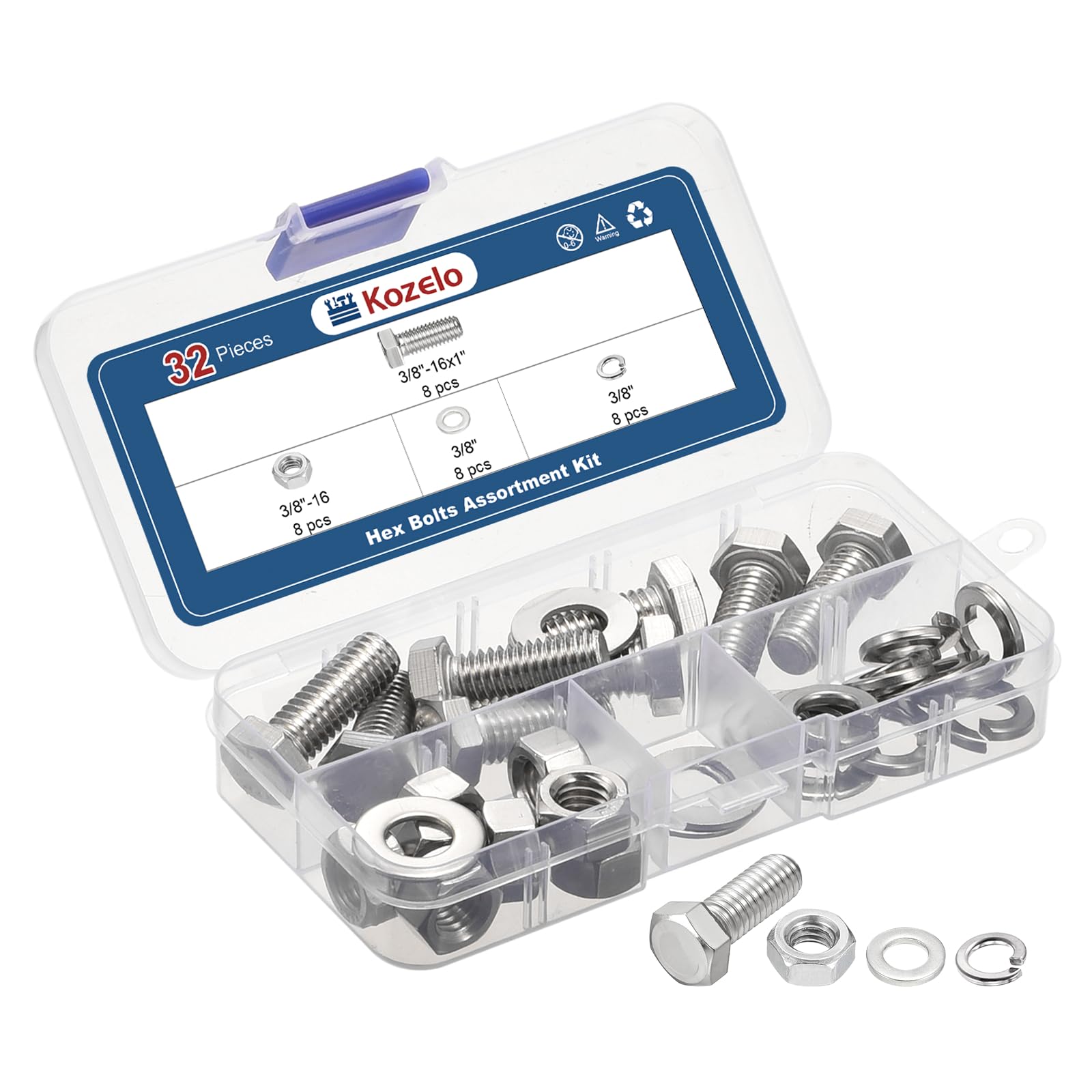 Kozelo 32 Pcs Bolts and Nuts Washers Kit - [3/8"-16x1"] 304 Stainless Steel Hex Tap Bolt Assortment Fully Threaded Hexagon Head Machine Bolt Right Hand External Hex Drive, Silver Tone