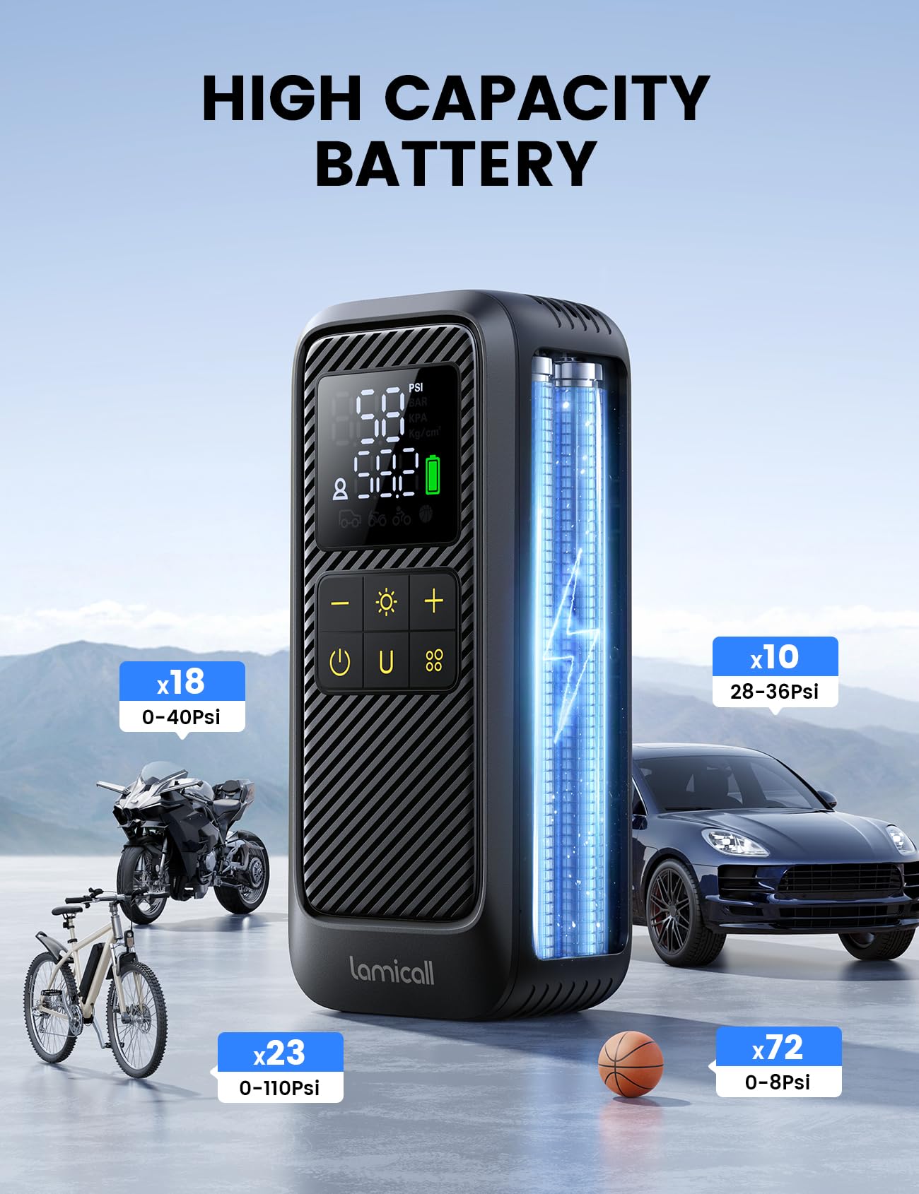 Lamicall Pompe à Vélo Électrique - [Arrêt Automatique] 150 PSI Compresseur à Air Portatif, Mini Pompe à Air Électrique avec Lumière LED & PowerBank, pour Voiture/Vélo/Moto/Ballon