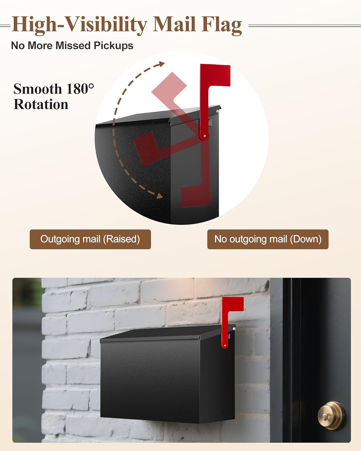 Wall-Mount Mailbox for Outside, Large Capacity Rust-Proof Mail Box with Stay-Open Lid & Red Flag Kit, Galvanized Steel Weather-Resistant Post Box for House Outside, 10.5"x4.3"x14.2", Black