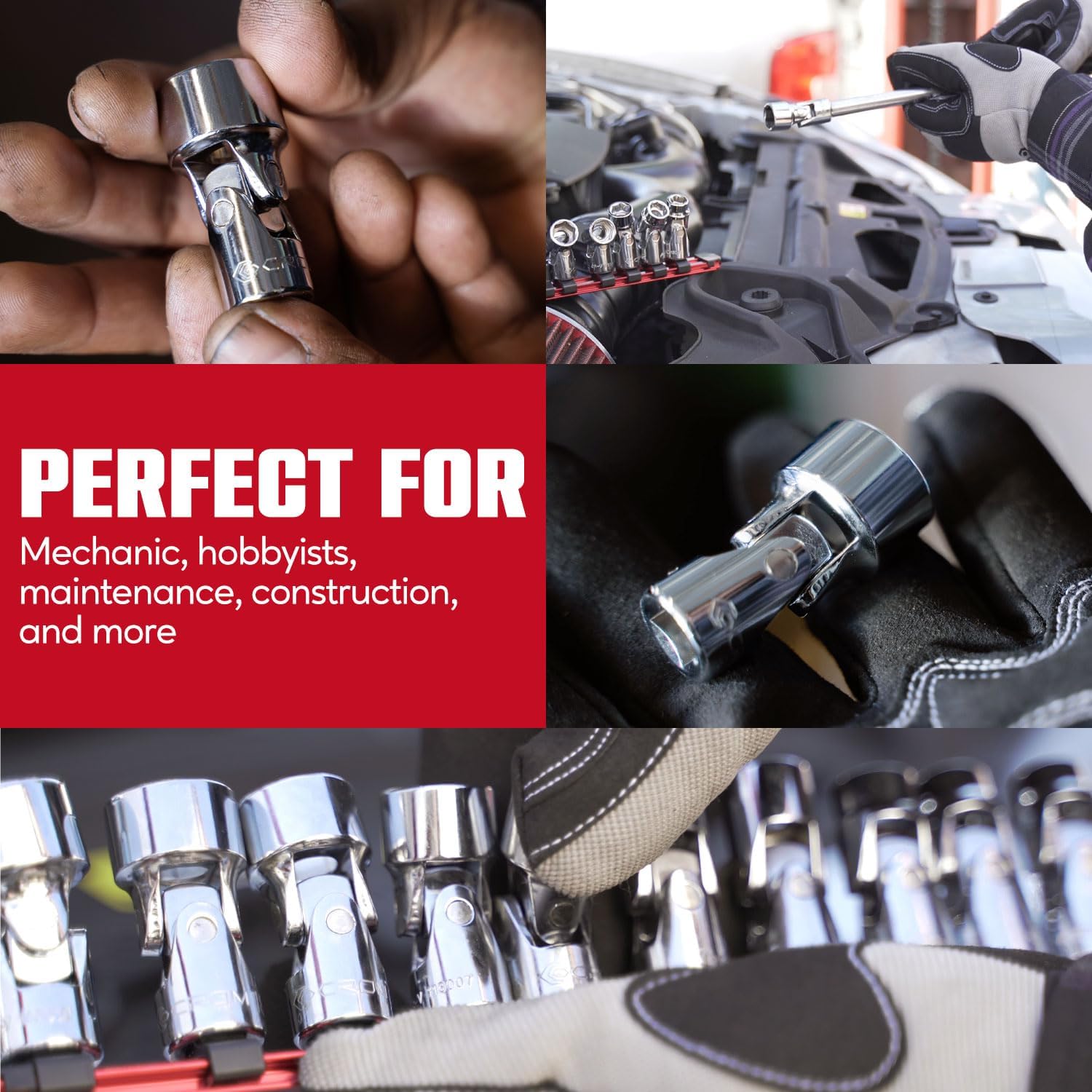 CROM Universal Flex Socket Set - 1/4 Inch Drive 6-Point 12-Piece Swivel Socket Set from 5mm to 15mm Metric - Swivel Joint for Easier Access to Tight Spaces - Aluminum Storage Rail Included