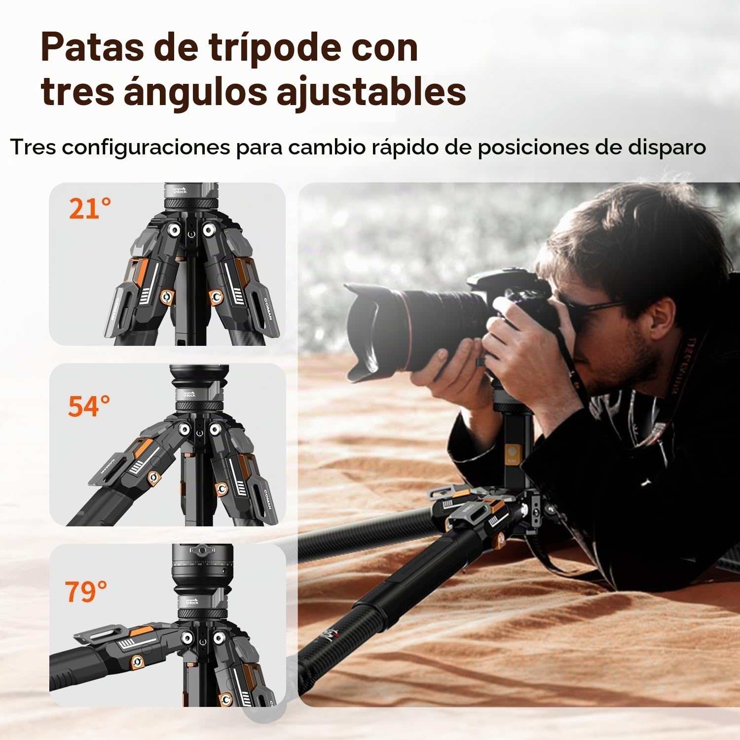 COMAN Trípode Fibra Carbono de Liberación Rápida, Trípode Cámara de 175cm, Patas Cuatro Secciones, ángulo Ajustable Tres Niveles, Equipado con Cabezal Hidráulico V5, Capacidad de Carga Máxima 20kg