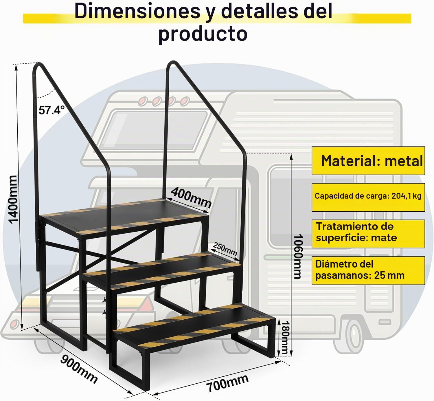Escalera de 3 peldaños para autocaravana, capacidad de carga de 200 kg, con 2 pasamanos, taburete antideslizante, para remolques de viaje
