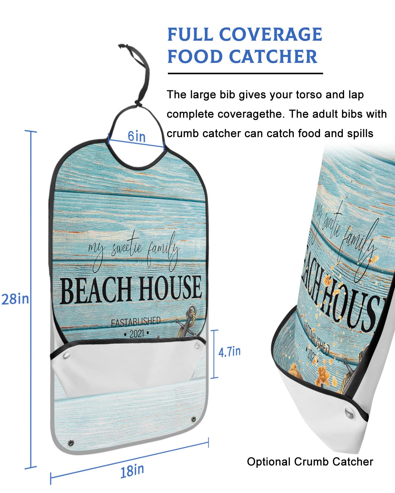 Summer Beach Anchor Nautical Adult Bibs for Eating, Waterproof Bibs with Food Catcher & Adjustable Snap Closure, Ocean Coastal Teal Wooden Washable Clothing Protectors Adult Bibs for Elderly Women/Men