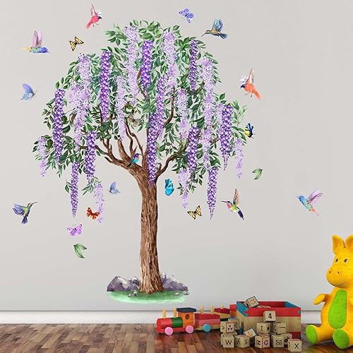 Miniatura 2 de PinkEleph Calcomanías de pared grandes de árbol de flores moradas  Calcomanías de pared florales de glicina colgante  Dormitorio sala de estar,