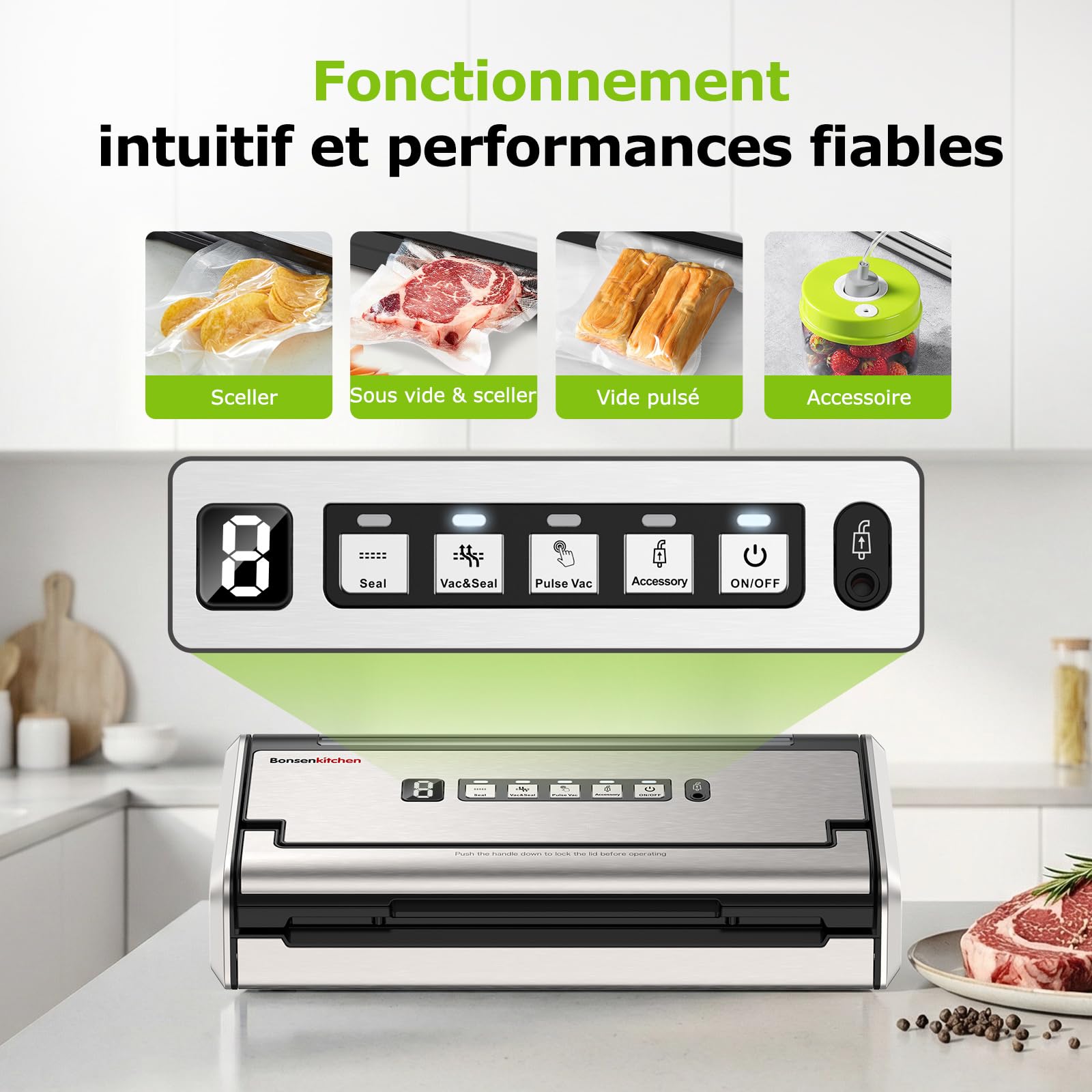Bonsenkitchen Machine Sous Vide, Soudure Large 5mm Anti-Fuite, Acier Inoxydable, Une Main & Pulse Sec/Humide, Machine Sous Vide Haute Performance incl. 1 Rouleau & 10 Sachets, VS4200