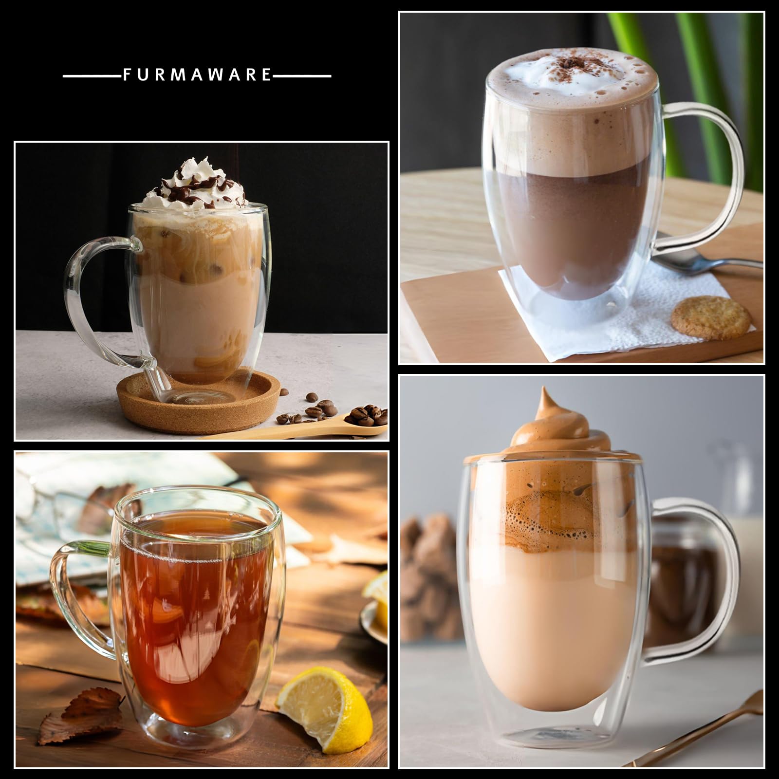 Isolierte Glasbecher, doppelwandig, für Tee, Cappuccino, Eiskaffee, Latte, heiße Getränke, mikrowellen- und spülmaschinenfest, 473 ml, 2 Stück