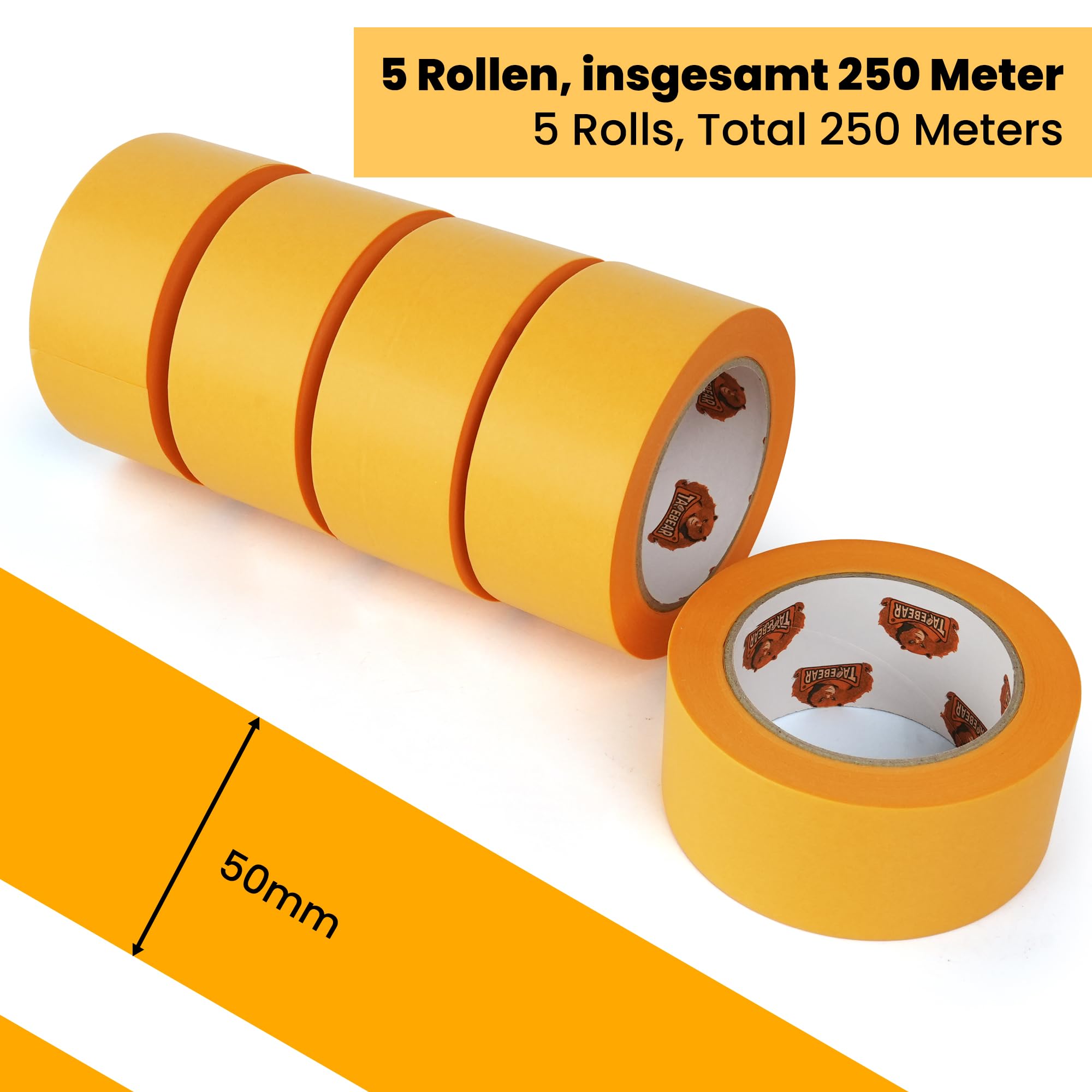 TAPEBEAR Nastro per Mascheratura 50m x 50mm, Nastro Adesivo per Pittura per Precise Verniciatura, Nastro di Carta Washi per Uso Interno, Rimozione senza Residui per 5 Giorni, 5 Rotoli
