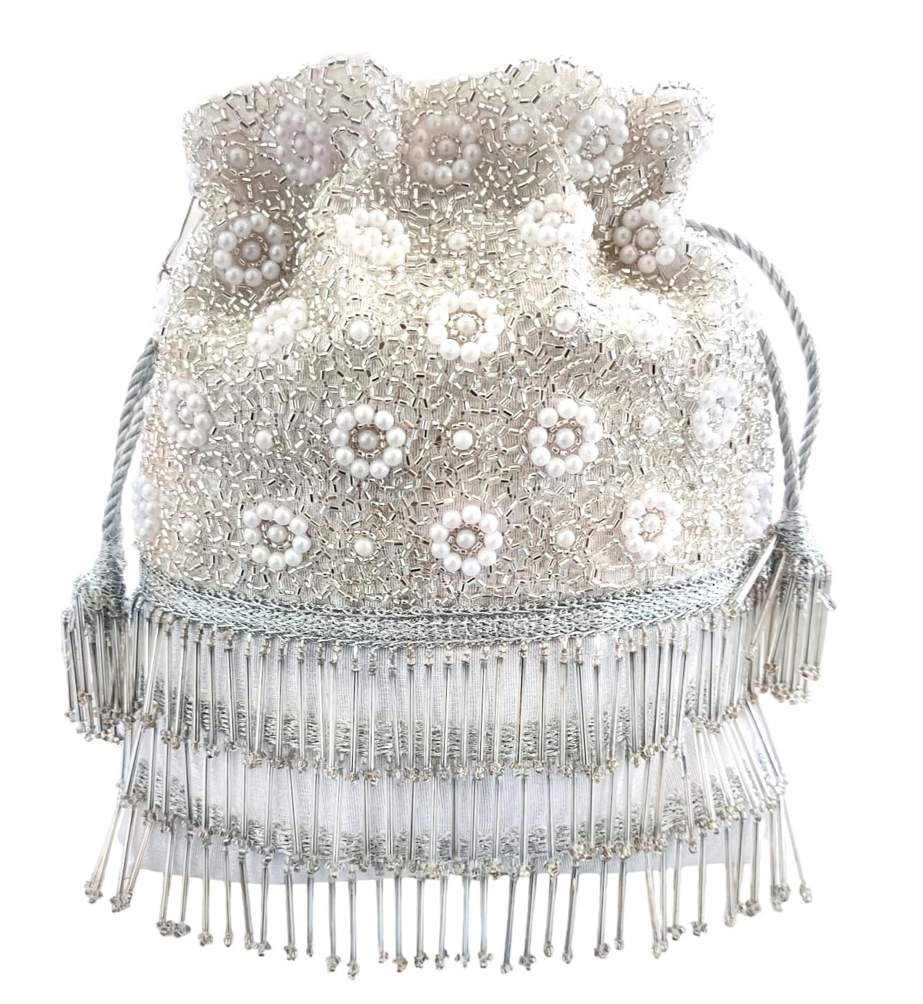 Women's Silver Pearl Embellished Beaded Tassel Potli Bag For Weddings (Silver)-image-10