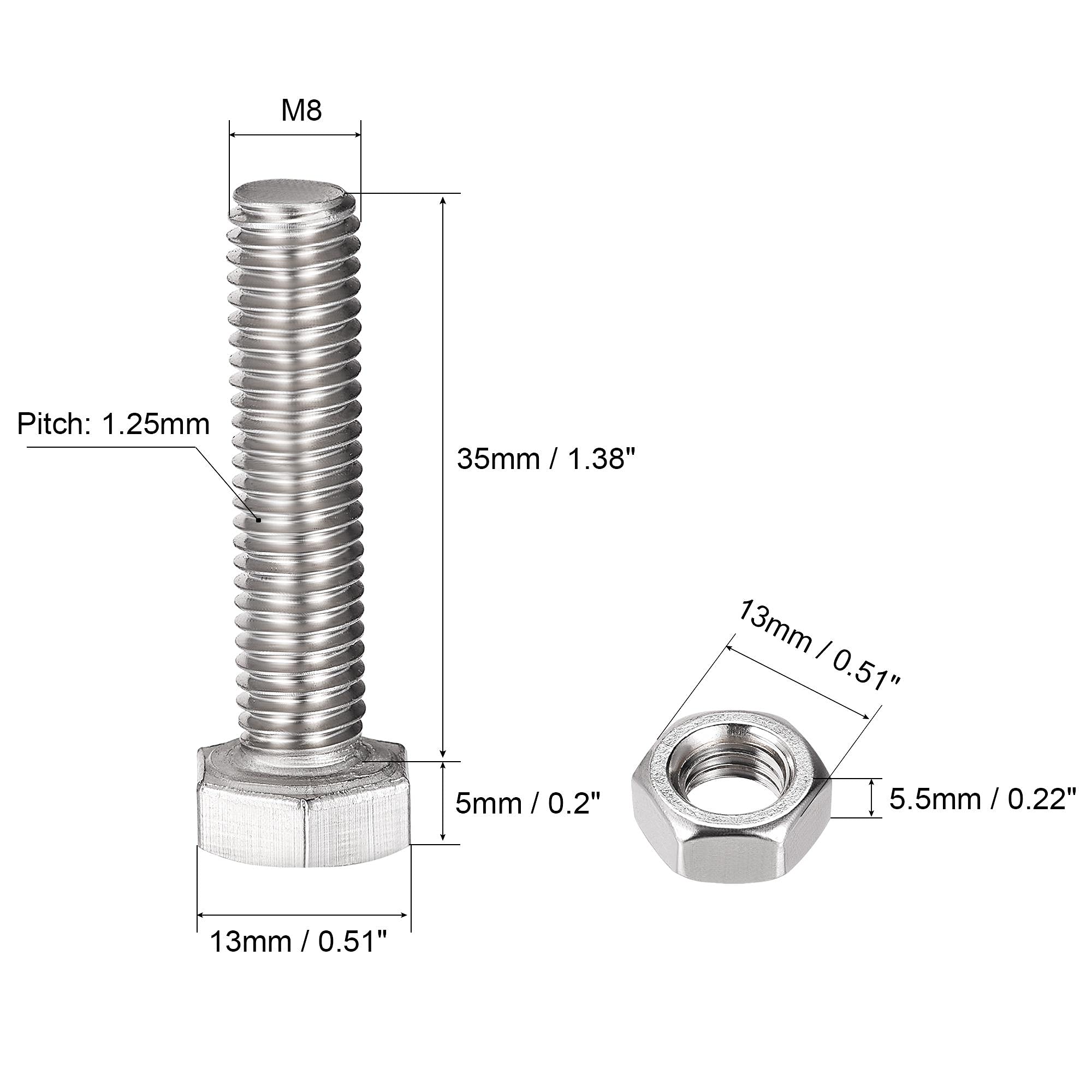 Kit 4 Sets Vis M8 X 35mm Tête Hexagonale - Acier Inoxydable 304 - Neuf