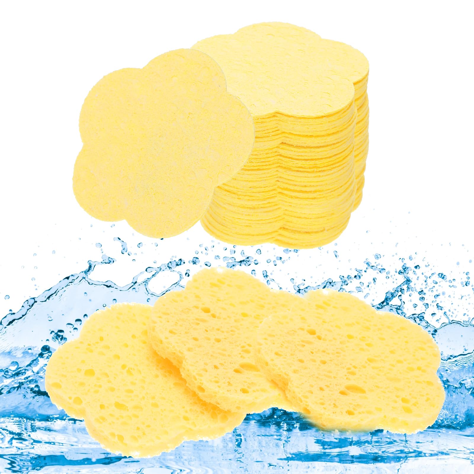uxcell 60 Count Compressed Facial Sponges Flower Face Cleansing Sponges Pads for Daily Skincare Routines at Home, Kitchen, Travel, Yellow