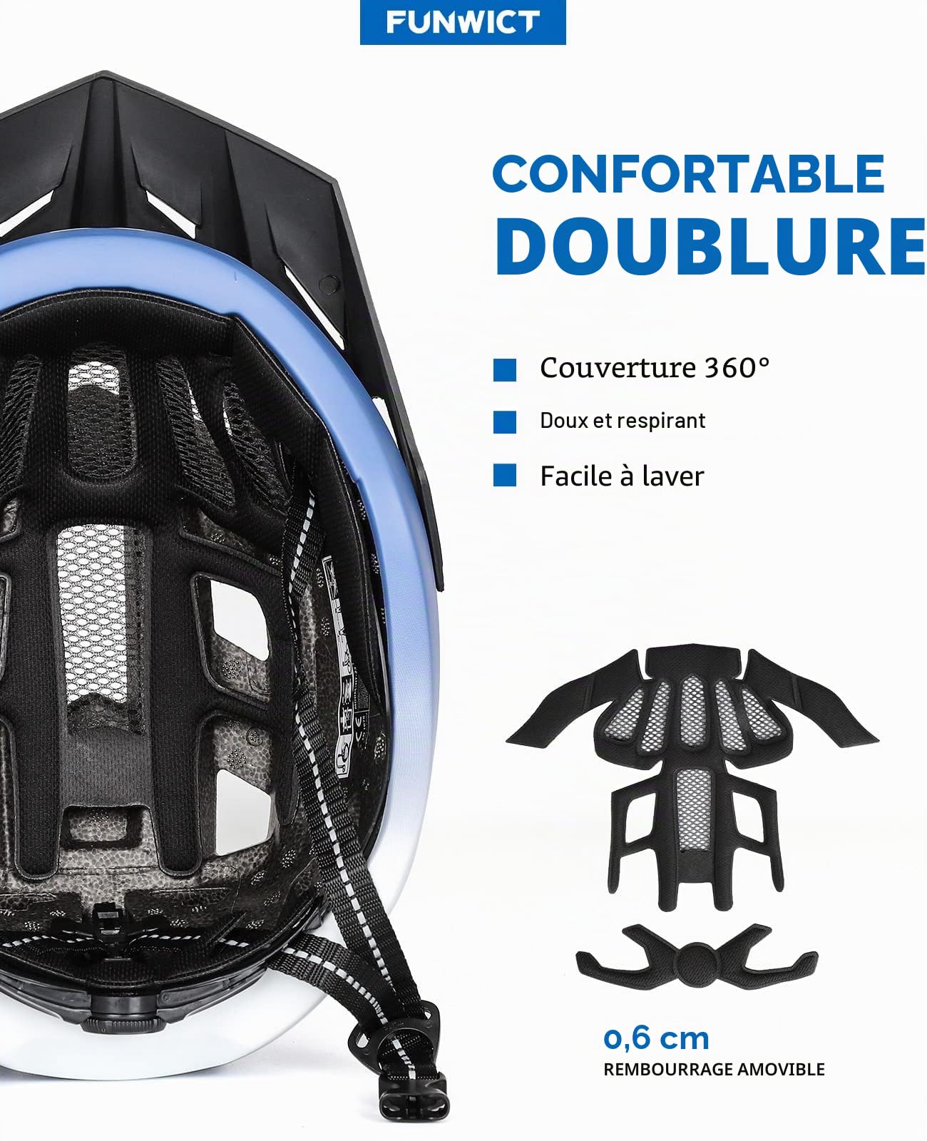 Casque Velo Homme Femme avec Visiere et Lunettes Détachables, Casque Vélo Casques VTT avec Feu Arrière à LED Rechargeable, Casque Cyclisme pour Adulte et Adolescent (M: 54-58 cm, Bleu)