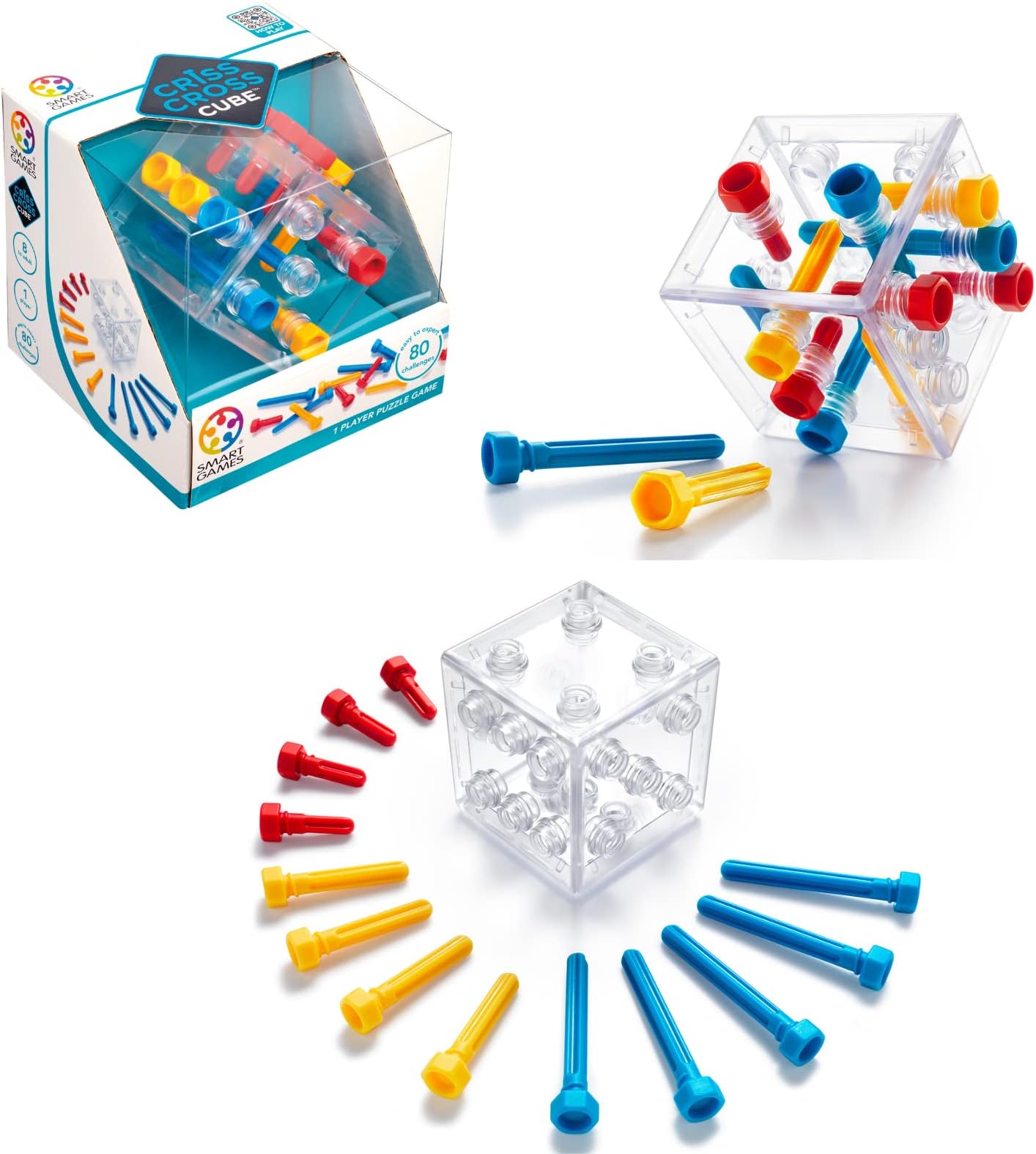 SmartGames Criss Cross Cube 3D Puzzle Game - Brain Teasers with 80 Challenges for 8 Years Old - Adult
