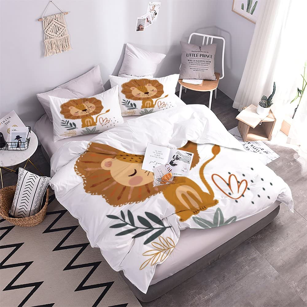 Lindo león ropa de cama infantil de 135 x 200 cm, diseño de animales salvajes, suave microfibra, funda nórdica con cremallera, para niños y niñas, juego de ropa de cama con diseño 3D con 2