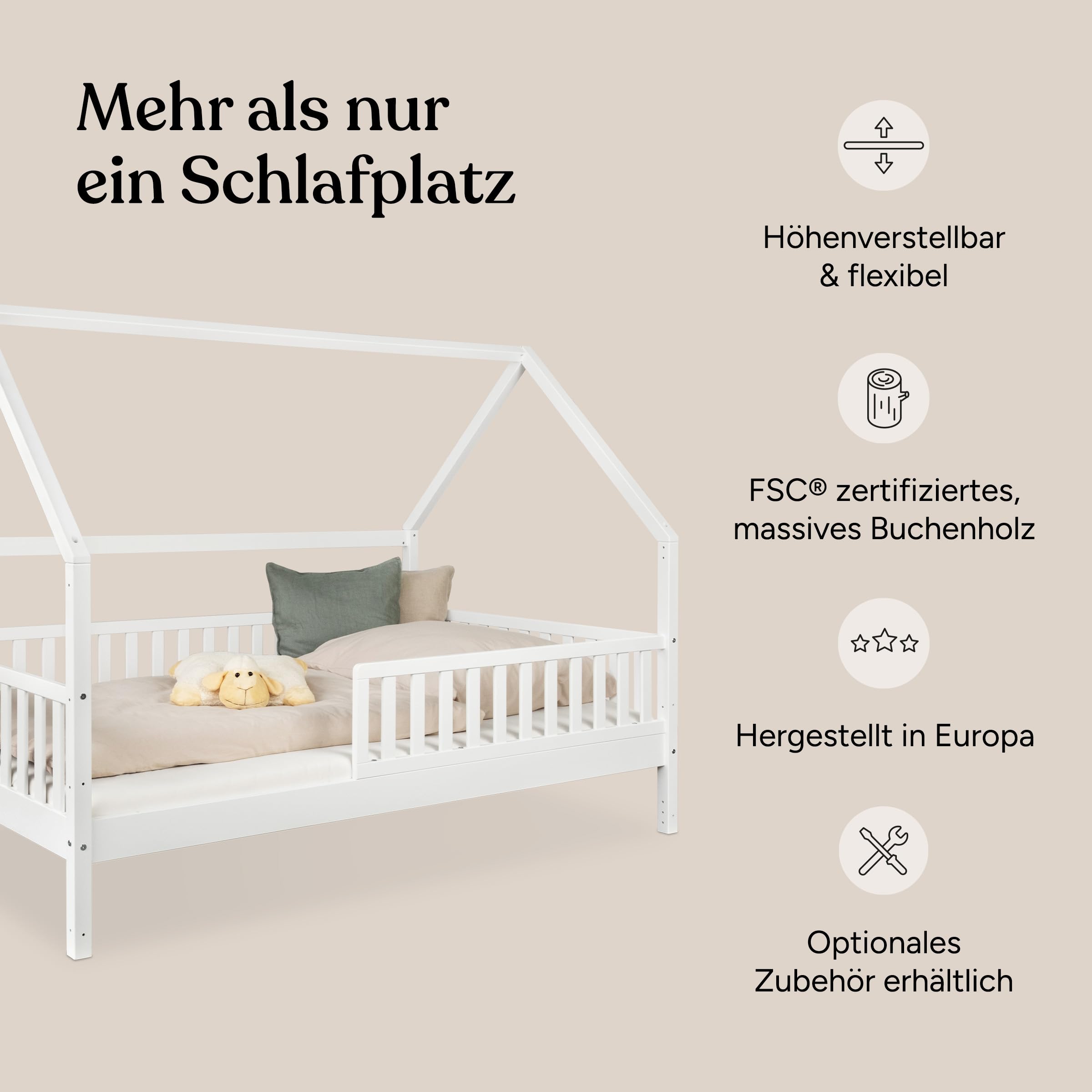Ehrenkind® Hausbett Buche Livo | FSC Zertifiziert | Kinderbett mit Rausfallschutz | höhenverstellbar Massivholz | Kinder Bett | Hausbett 120x200 cm | weiß