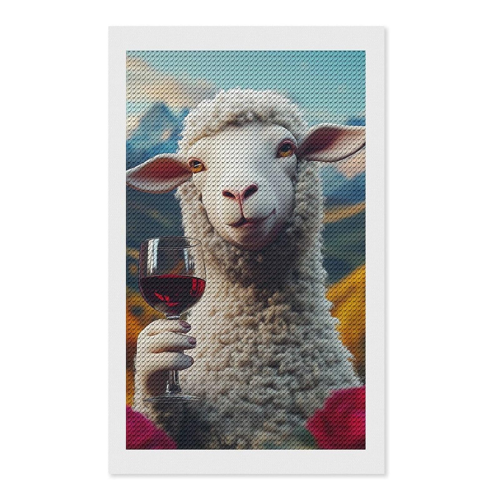 Junmoney Sheep with Wine Funny Meme Diamond Art Kit 12"x20", Creative Leisure Activity, Complete Accessories, Vintage Style Decor, for Women