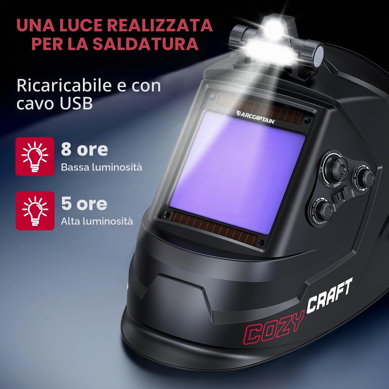 ARCCAPTAIN 10 x 9,3 cm, casco per saldatura auto oscurante, ad energia solare, cappuccio per saldatura a colori veri, casco per saldatore con chiarezza ottica 1/1/1/1, 4 sensori ad arco largo 4/5-9/9